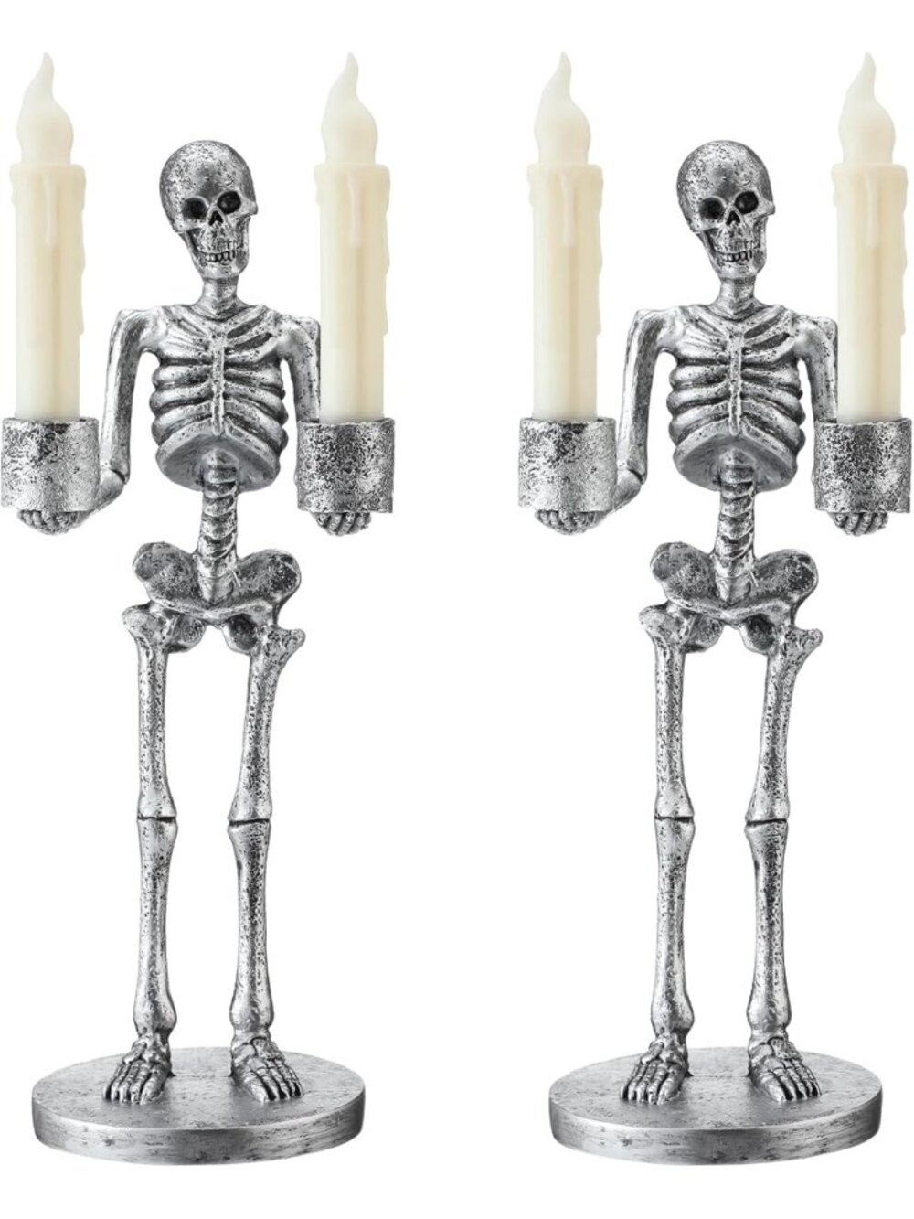 Set of 2 Silver Skeleton Taper Candle Holders for Halloween Decor - 13 Inches